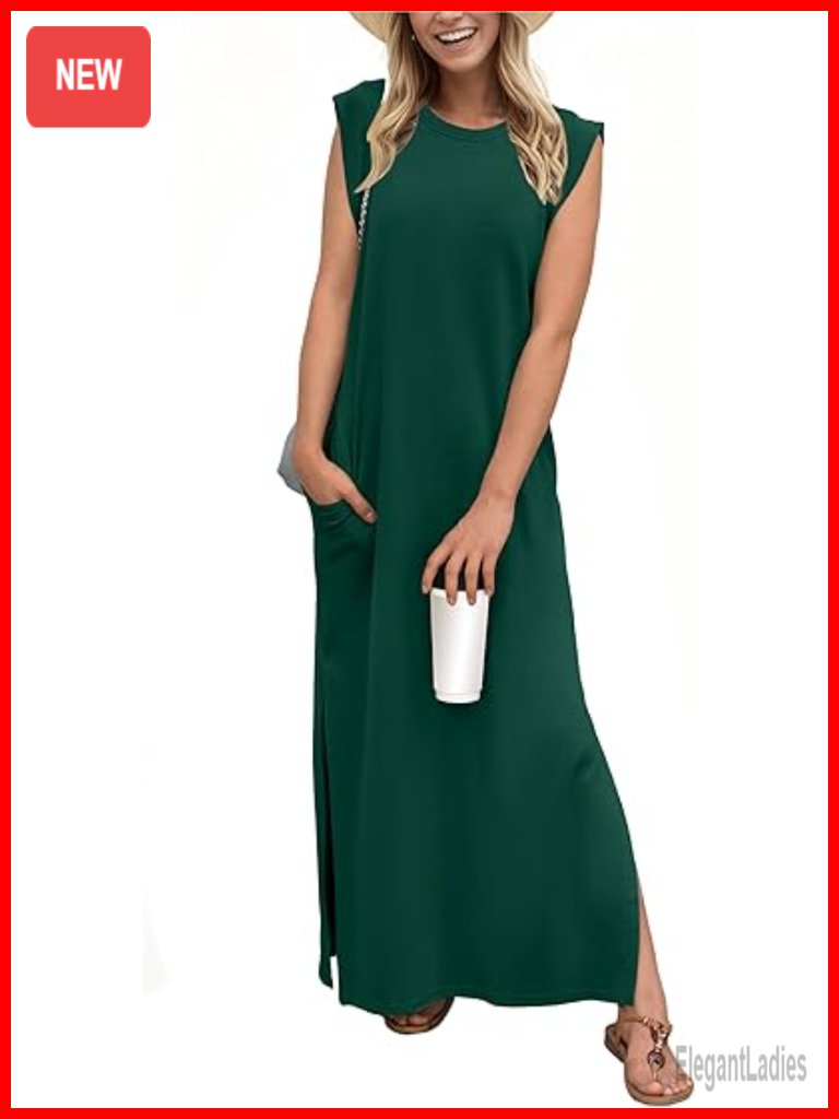 Casual Round Neck Loose Split Wrinkle-Free Long Maxi Vacation Dress With Pockets